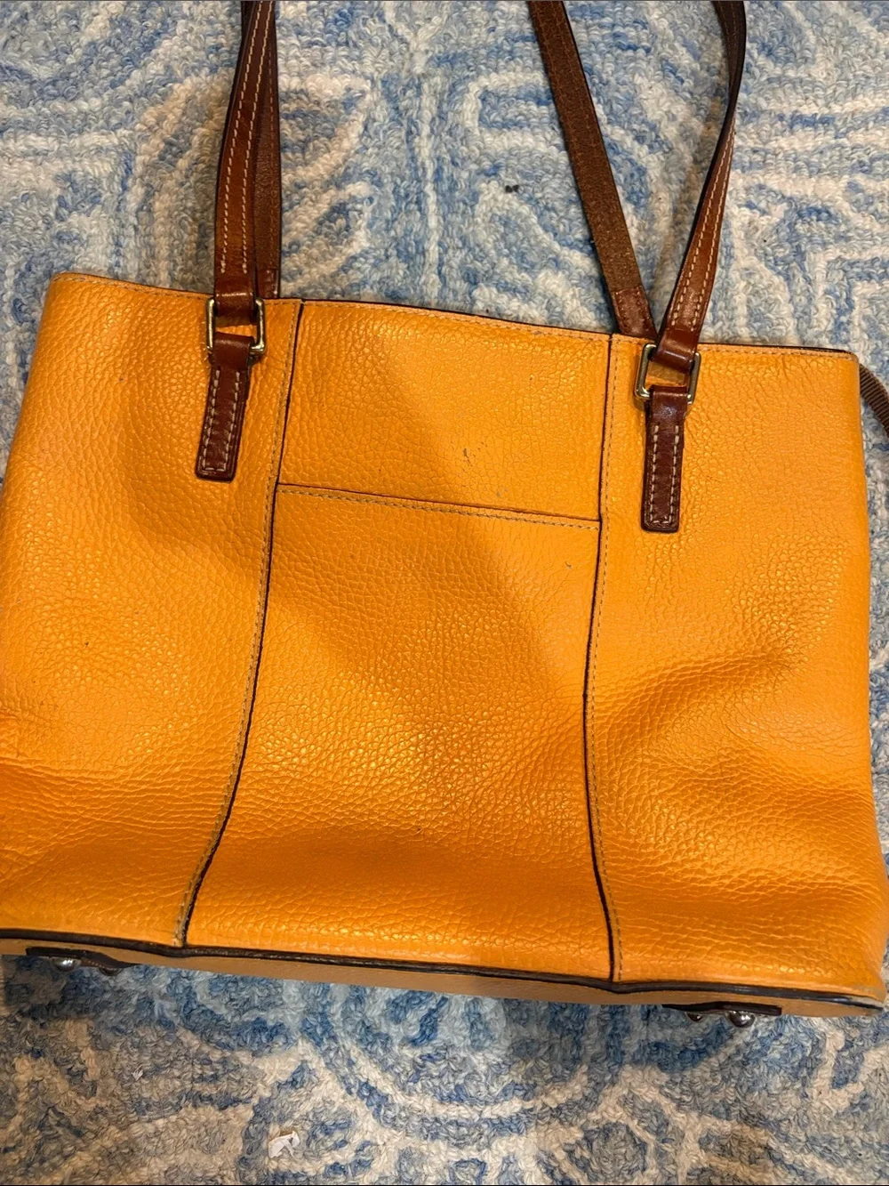 Dooney & Bourke Orange Pebbled Leather Tote with Brown Straps